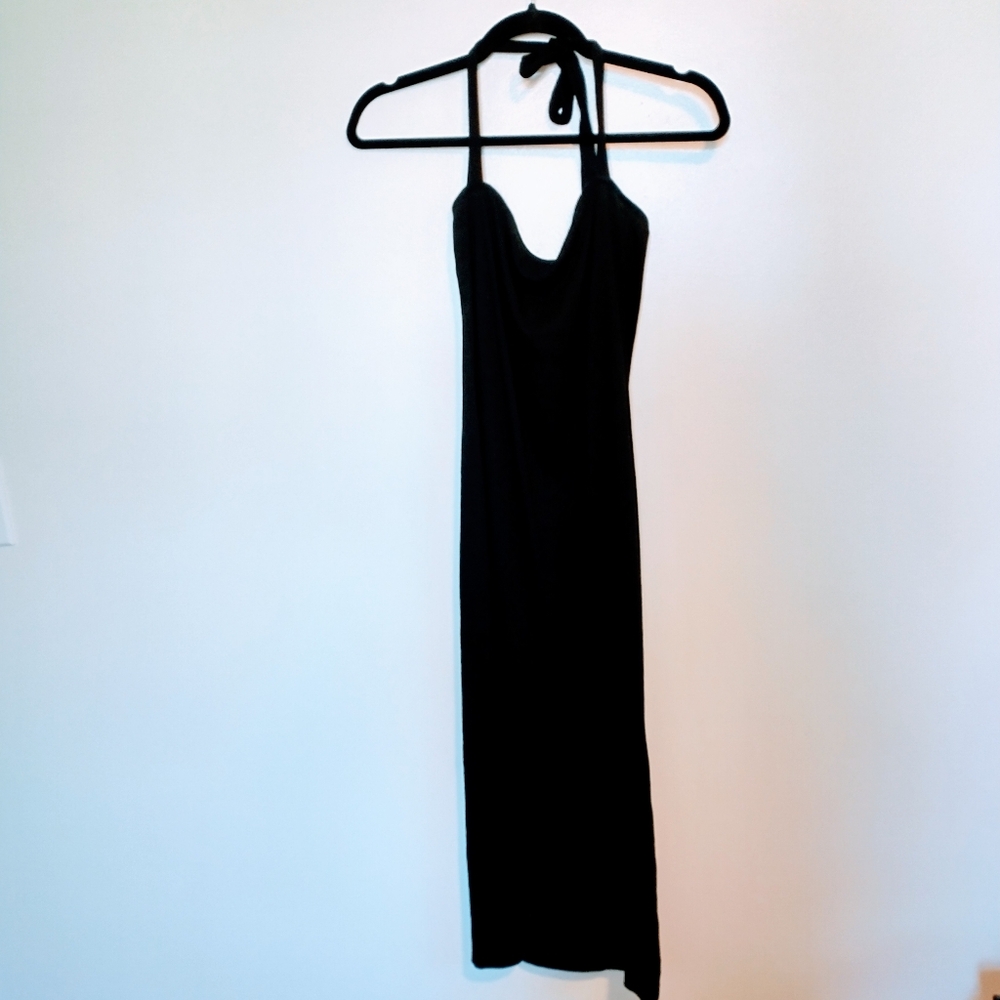 Dazy black midi halter dress with slit in the front.  Simple bodycon style, size